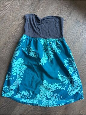 Roxy Strapless Teal Floral Sundress with Charcoal Bodice